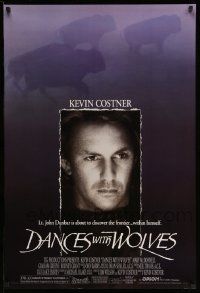 2z159 DANCES WITH WOLVES DS 1sh '90 close portrait of Kevin Costner & running buffalo!