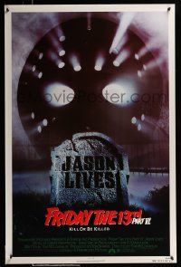 2z261 FRIDAY THE 13th PART VI 1sh '86 Jason Lives, cool image of hockey mask & tombstone!