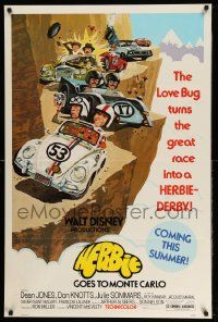 2z342 HERBIE GOES TO MONTE CARLO advance 1sh '77 Disney, wacky art of Volkswagen Beetle car racing!