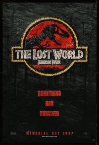 2z446 JURASSIC PARK 2 teaser 1sh '97 Steven Spielberg, classic logo with T-Rex over red background!