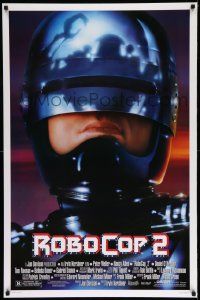 2z646 ROBOCOP 2 DS 1sh '90 great close up of cyborg policeman Peter Weller, sci-fi sequel!