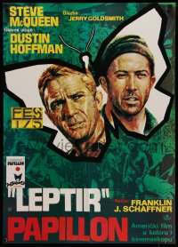 3b404 PAPILLON Yugoslavian 19x27 '73 different art of prisoners Steve McQueen & Dustin Hoffman!