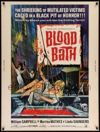 3c349 BLOOD BATH 30x40 '66 AIP, cool artwork of sexy babe being lowered into a pit of horror!