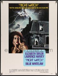 3c399 NIGHT WATCH 30x40 '73 Laurence Harvey, Billie Whitelaw, art of scared Elizabeth Taylor!