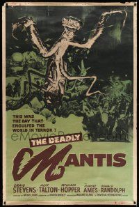 3c134 DEADLY MANTIS 40x60 '57 wonderful sci-fi art of giant insect attacked by giant army!