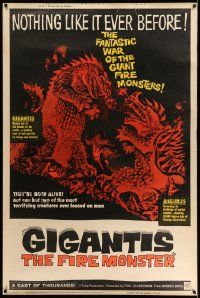 3c156 GIGANTIS THE FIRE MONSTER style Y 40x60 '59 cool art of Godzilla breathing flames at Angurus!