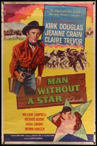 3c189 MAN WITHOUT A STAR style Y 40x60 '55 art of cowboy Kirk Douglas pointing gun, Jeanne Crain
