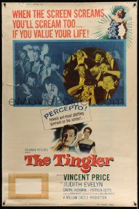 3c238 TINGLER 40x60 '59 Vincent Price, William Castle, terrified audience, presented in Percepto!