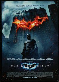 3c027 DARK KNIGHT advance German 33x47 '08 Christian Bale as Batman in front of flaming building!