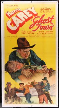 3d329 GHOST TOWN linen 3sh '36 great stone litho of cowboy Harry Carey fighting bad guys!