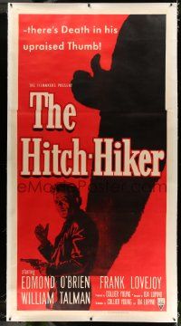 3d331 HITCH-HIKER linen 3sh '53 different film noir image of man with upraised thumb & shadow!