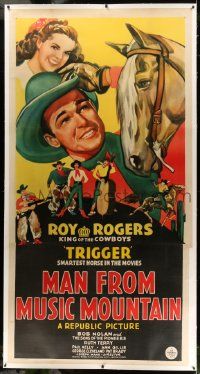 3d339 MAN FROM MUSIC MOUNTAIN linen 3sh '43 art of Roy Rogers, Trigger & The Sons of the Pioneers!