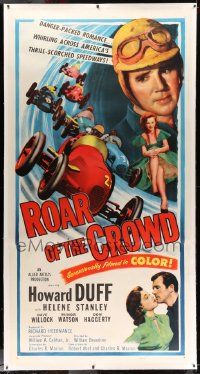 3d347 ROAR OF THE CROWD linen 3sh '53 great artwork of car racing on thrill-scorched speedways!