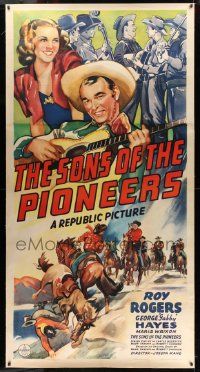 3d352 SONS OF THE PIONEERS linen 3sh '42 cool art of Roy Rogers, Bob Nolan & singing cowboys!