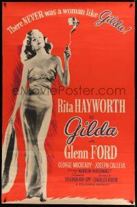 3d253 GILDA 40x60 R59 classic full-length art of sexy smoking Rita Hayworth in sheath dress, rare!