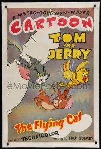 3d007 FLYING CAT linen 1sh '52 great cartoon art of Tom with corset wings chasing Jerry & canary!