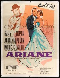3d309 LOVE IN THE AFTERNOON linen French 1p '57 Bertrand art of Cooper, Audrey Hepburn & Chevalier!