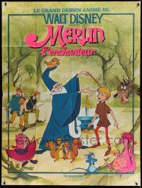 3d055 SWORD IN THE STONE French 1p R70s Disney cartoon, young King Arthur & Merlin the Wizard!