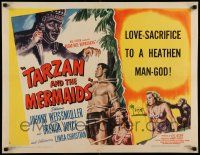3d238 TARZAN & THE MERMAIDS style B 1/2sh '48 art of Weissmuller tied to tree by heathen man-god!
