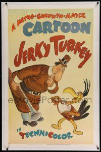 3d008 JERKY TURKEY linen 1sh '45 Tex Avery, cartoon art of fast talking turkey & slow Pilgrim!