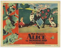 3d087 ALICE IN WONDERLAND LC #2 '51 Disney, great cartoon image of Alice watching playing cards!