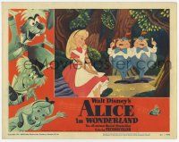 3d090 ALICE IN WONDERLAND LC #5 '51 Disney cartoon, she's w/ Tweedledee and Tweedledum in forest!