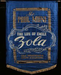 3d268 LIFE OF EMILE ZOLA silk banner '37 Paul Muni, directed by William Dieterle, rare!