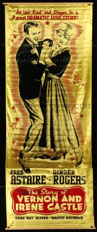 3d278 STORY OF VERNON & IRENE CASTLE 40x102 silk banner '39 art of Astaire & Rogers dancing, rare!