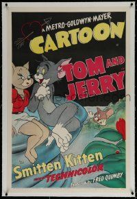 3d017 SMITTEN KITTEN linen 1sh '52 cartoon art of Jerry spying on Tom & latest would-be girlfriend!