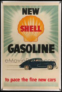 3d282 NEW SHELL GASOLINE linen 32x49 advertising poster '50s to pace the fine new cars, cool art!