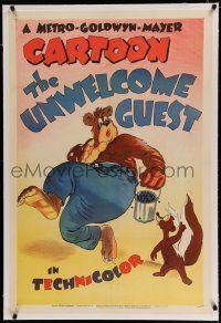 3d023 UNWELCOME GUEST linen 1sh '45 cartoon art of Barney Bear terrified of the skunk's smell!
