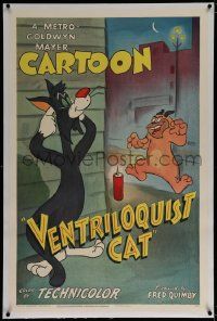 3d024 VENTRILOQUIST CAT linen 1sh '50 Tex Avery, cartoon art of cat tricking bulldog with dynamite!