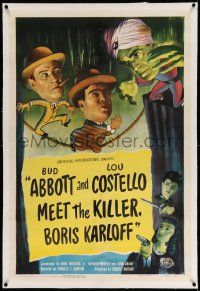 3f116 ABBOTT & COSTELLO MEET THE KILLER BORIS KARLOFF linen 1sh '49 art of scared Bud & Lou!