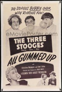 3f120 ALL GUMMED UP linen 1sh '47 Three Stooges make a youth serum that turns man into a child!