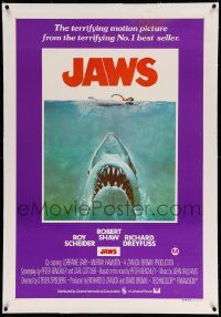 3f037 JAWS linen Aust 1sh '75 art of Steven Spielberg's classic shark attacking sexy swimmer!