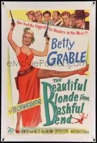 3f137 BEAUTIFUL BLONDE FROM BASHFUL BEND linen 1sh '49 Preston Sturges, Betty Grable w/ big guns!