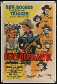 3f140 BELLS OF ROSARITA linen 1sh '45 wonderful artwork of Roy Rogers w/ guitar, Dale Evans & stars!
