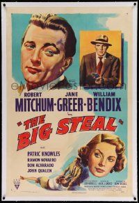 3f142 BIG STEAL linen 1sh '49 art of Robert Mitchum, Jane Greer & William Bendix with gun!