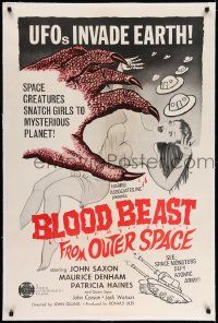 3f147 BLOOD BEAST FROM OUTER SPACE linen 1sh '66 UFOs invade Earth, creatures snatch sexy girls!