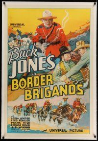 3f152 BORDER BRIGANDS linen 1sh '35 outdoor ace Buck Jones w/ smoking gun, great western montage!