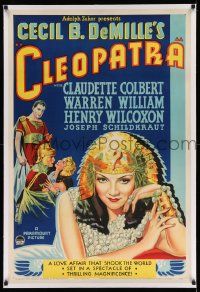 3f179 CLEOPATRA linen 1sh '34 wonderful c/u art of Claudette Colbert, Cecil B. DeMille, ultra rare!