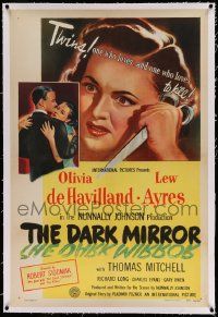 3f186 DARK MIRROR linen 1sh '46 Lew Ayres loves one twin Olivia De Havilland and hates the other!