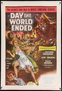 3f188 DAY THE WORLD ENDED linen 1sh '56 Roger Corman, cool art of sexy Lori Nelson & wacky monster!
