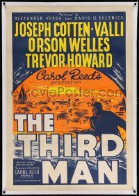 3f046 THIRD MAN linen English 1sh R50s different art of Orson Welles, Carol Reed classic film noir!