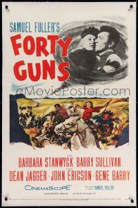 3f212 FORTY GUNS linen 1sh '57 Samuel Fuller, art of Barbara Stanwyck & Barry Sullivan on horseback!
