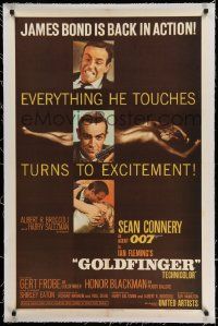 3f222 GOLDFINGER linen 1sh '64 3 great images of Sean Connery as James Bond + golden Shirley Eaton!