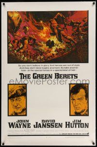 3f231 GREEN BERETS linen 1sh '68 John Wayne, David Janssen, Jim Hutton, cool Vietnam War art!