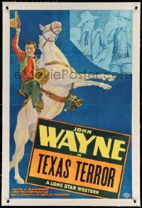 3f258 JOHN WAYNE linen 1sh '39 full-length image of The Duke on rearing horse, Texas Terror!