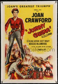 3f260 JOHNNY GUITAR linen 1sh '54 artwork of Joan Crawford reaching for gun, Nicholas Ray classic!