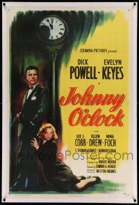 3f261 JOHNNY O'CLOCK linen 1sh '46 cool noir art of Dick Powell & sexy Evelyn Keyes by clock!